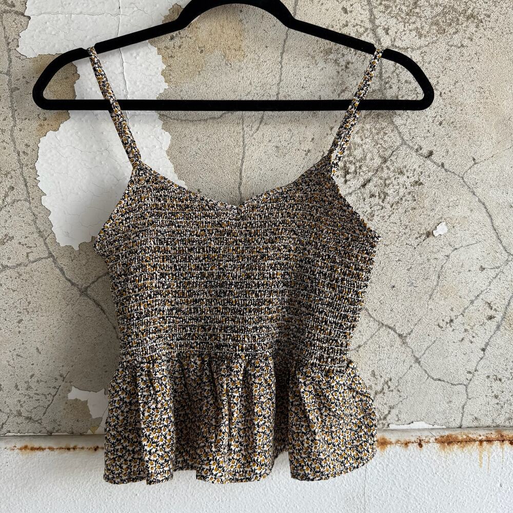 Smocked Peplum Floral‎ Tank Top Daisy Print Ruffle Hem Summer Cottagecore Size L